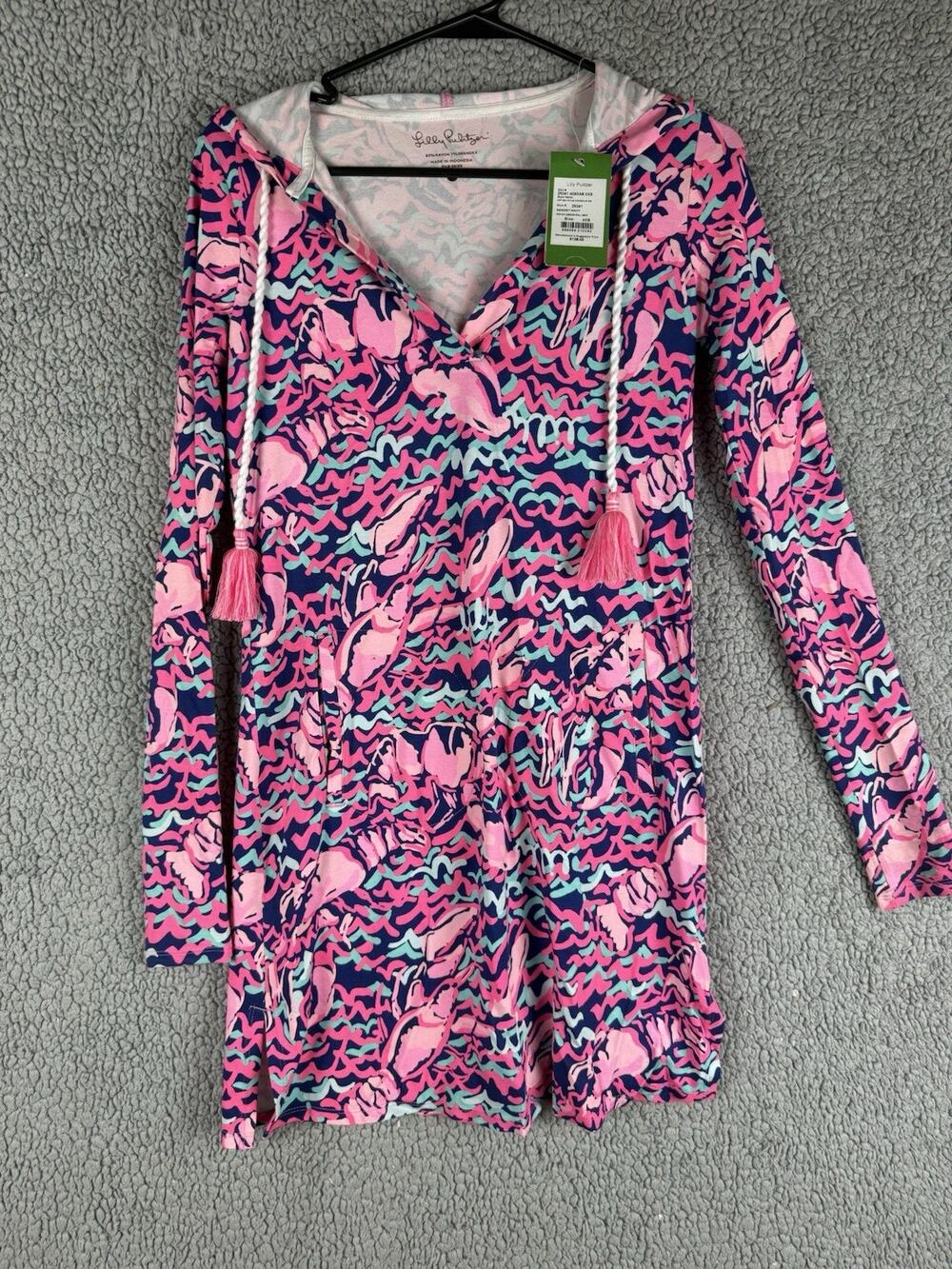 Lilly Pulitzer UPF 50+ Rylie Hooded Cover-Up Dress Pop-Up Lobstah Roll Navy NWT